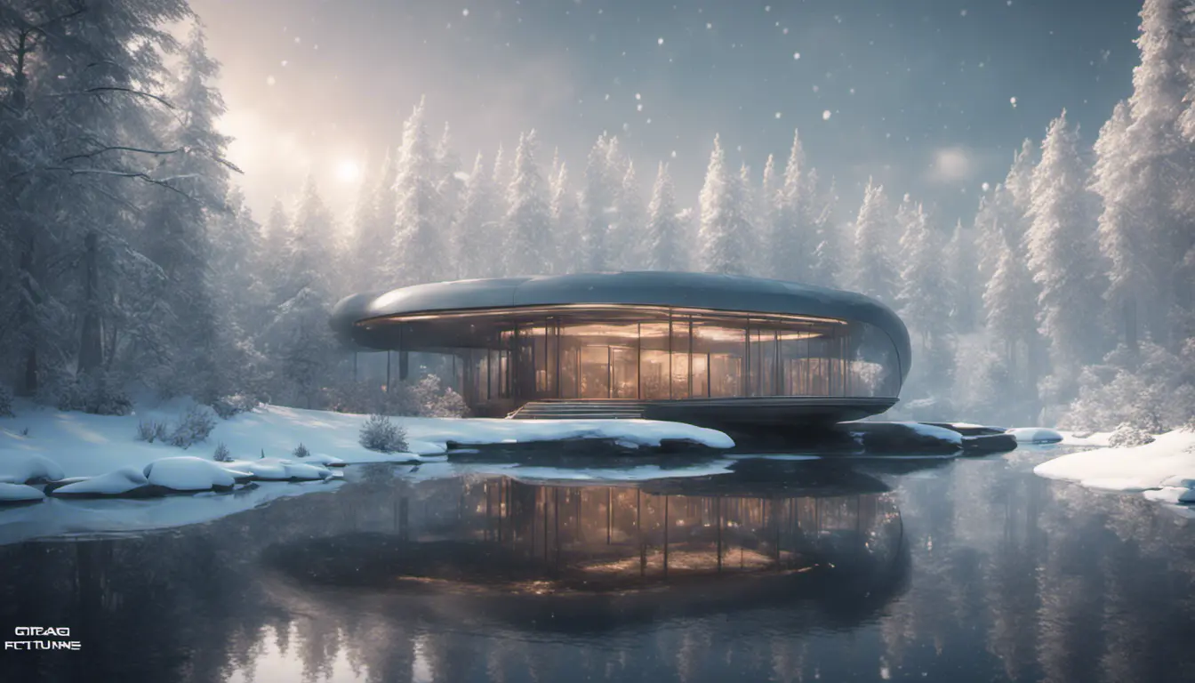 Grand futuristic glass architectural house in the woods surrounded by a lake in winter, Atmospheric, Highly Detailed, Intricate, Trending on Artstation, Stunning, Realistic, Unreal Engine, Dynamic Lighting, Radiant, Fantasy by Greg Rutkowski