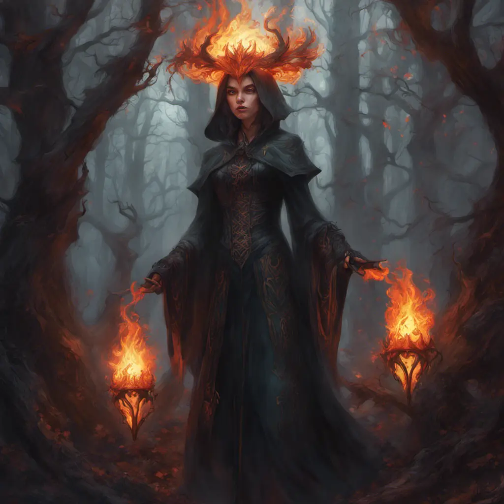 Fire mage in a haunted forest, Highly Detailed, Intricate, Gothic, Volumetric Lighting, Fantasy, Dark by Stanley Artgerm Lau