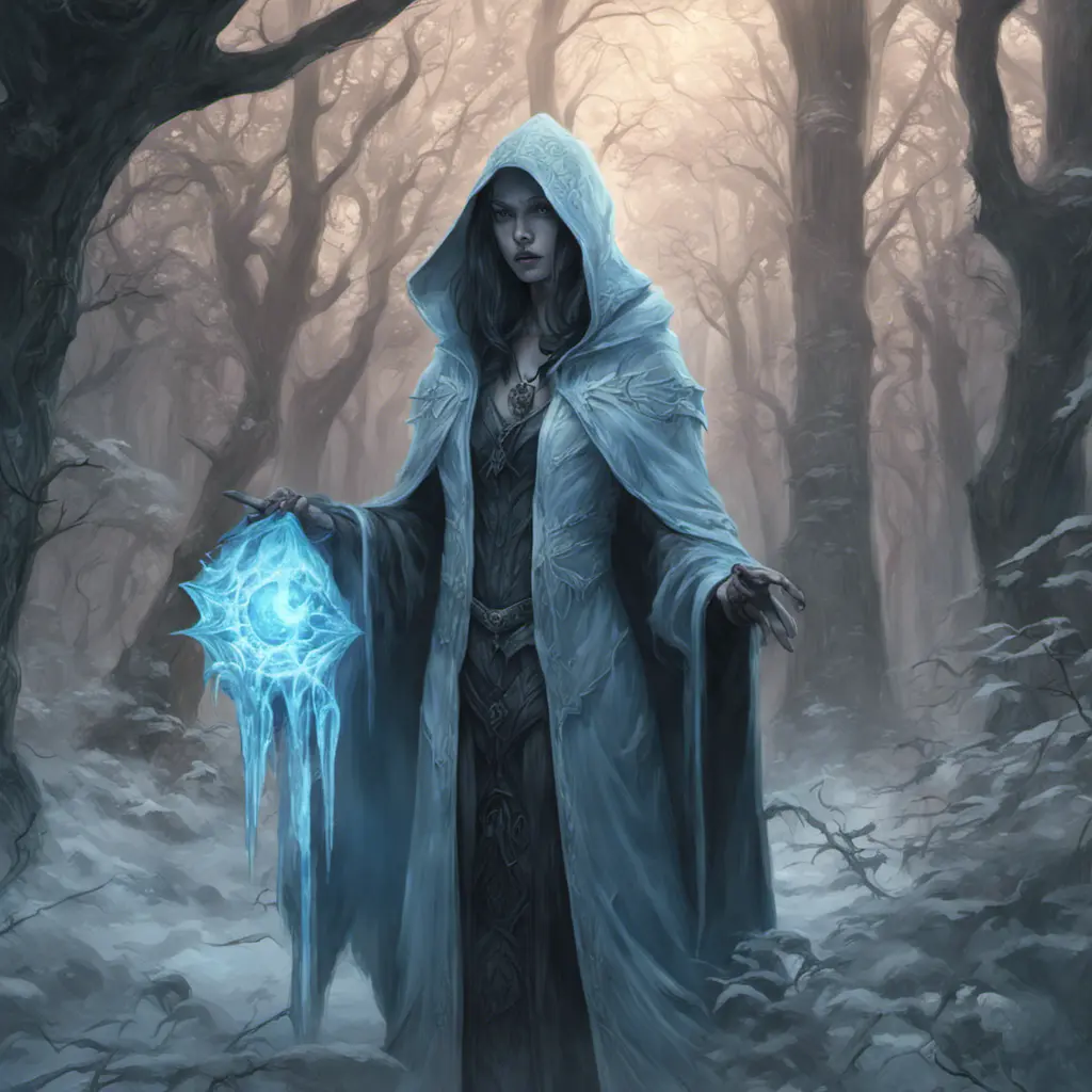 Ice mage in a haunted forest, Highly Detailed, Intricate, Gothic, Volumetric Lighting, Fantasy, Dark by Stanley Artgerm Lau