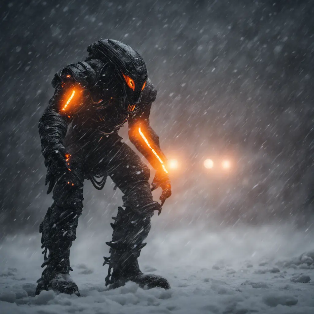 A alien soldier monster, distant full body portrait in a landscape, wearing black white orange lights, during a snow storm,,,ice, cold, dark lighting, depth of field, in a cold snowstorm, outdoors, night,, Intricate Details