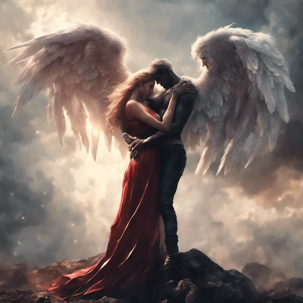 An angel flying hugging a demon flying, forming a heart shape, 4k, Photo Realistic, Fantasy