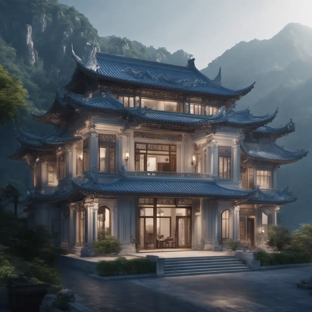 A gorgeous Chinese - style high - rise villa stands in the valley, luxurious majestic silver - grey blue antique palace, 8k, HD, High Definition, Soft Lighting