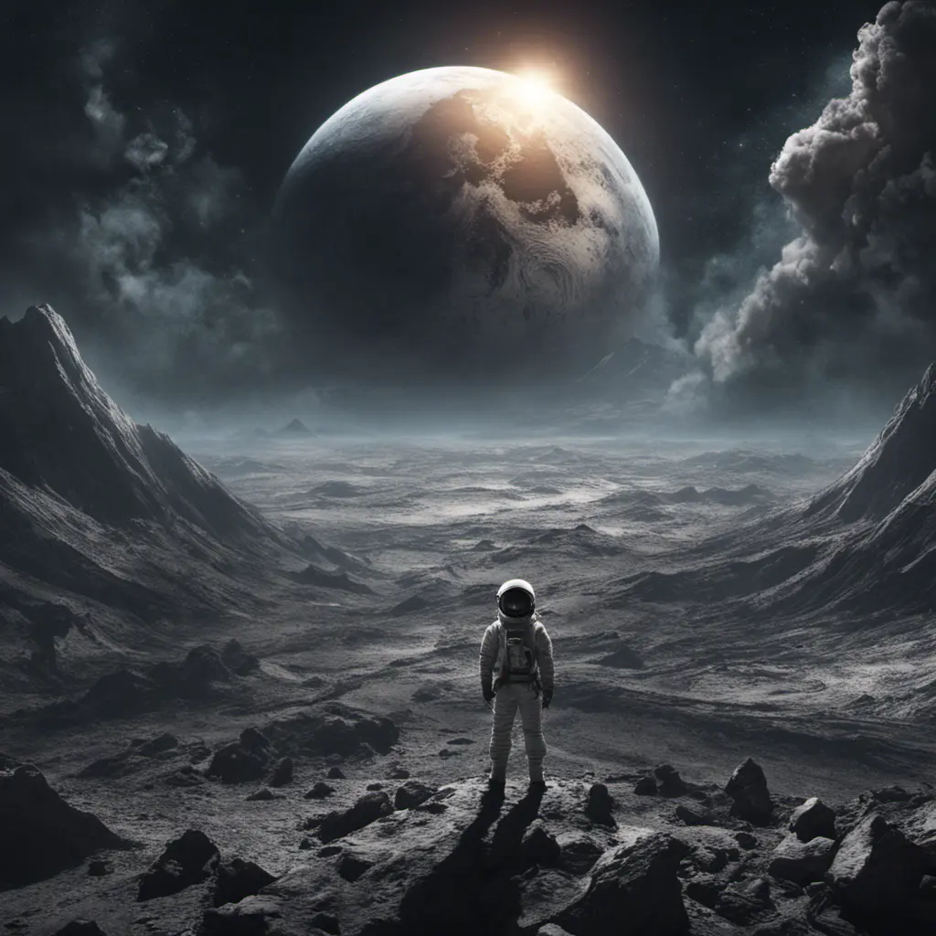 A space explorer on moon, viewing how the earth is destroyed, Magical, Stunning, Digital Painting, Cinematic Lighting, Sharp Focus, Dark, Hyper Realistic