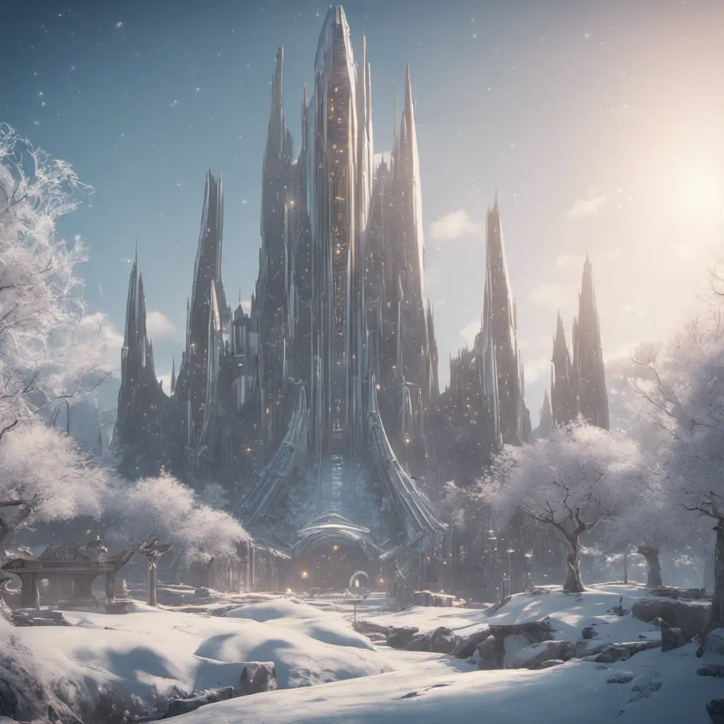 Futuristic galactic elven city in winter, 8k, Award-Winning, Highly Detailed, Beautiful, Octane Render, Unreal Engine, Radiant, Volumetric Lighting by James Gurney, Greg Rutkowski