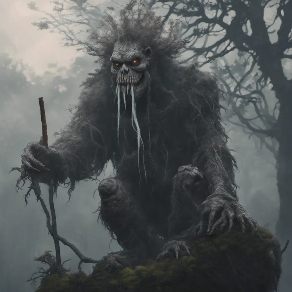 Kapre philippines scary hairy humanoid monster smoking a tobacco on the tree top, forest, foggy weather, otherworldy, Intricate, Artstation, Gothic and Fantasy, Cinematic Lighting, Octane Render, Concept Art