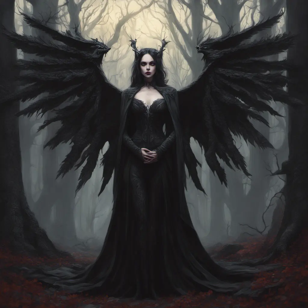 Winged vampiress in a haunted forest, Highly Detailed, Intricate, Gothic, Volumetric Lighting, Fantasy, Dark by Stanley Artgerm Lau