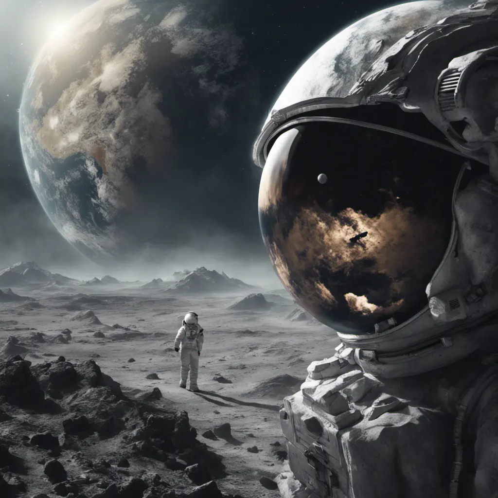 A space explorer on moon, viewing how the earth is destroyed, Magical, Stunning, Digital Painting, Cinematic Lighting, Sharp Focus, Dark, Hyper Realistic