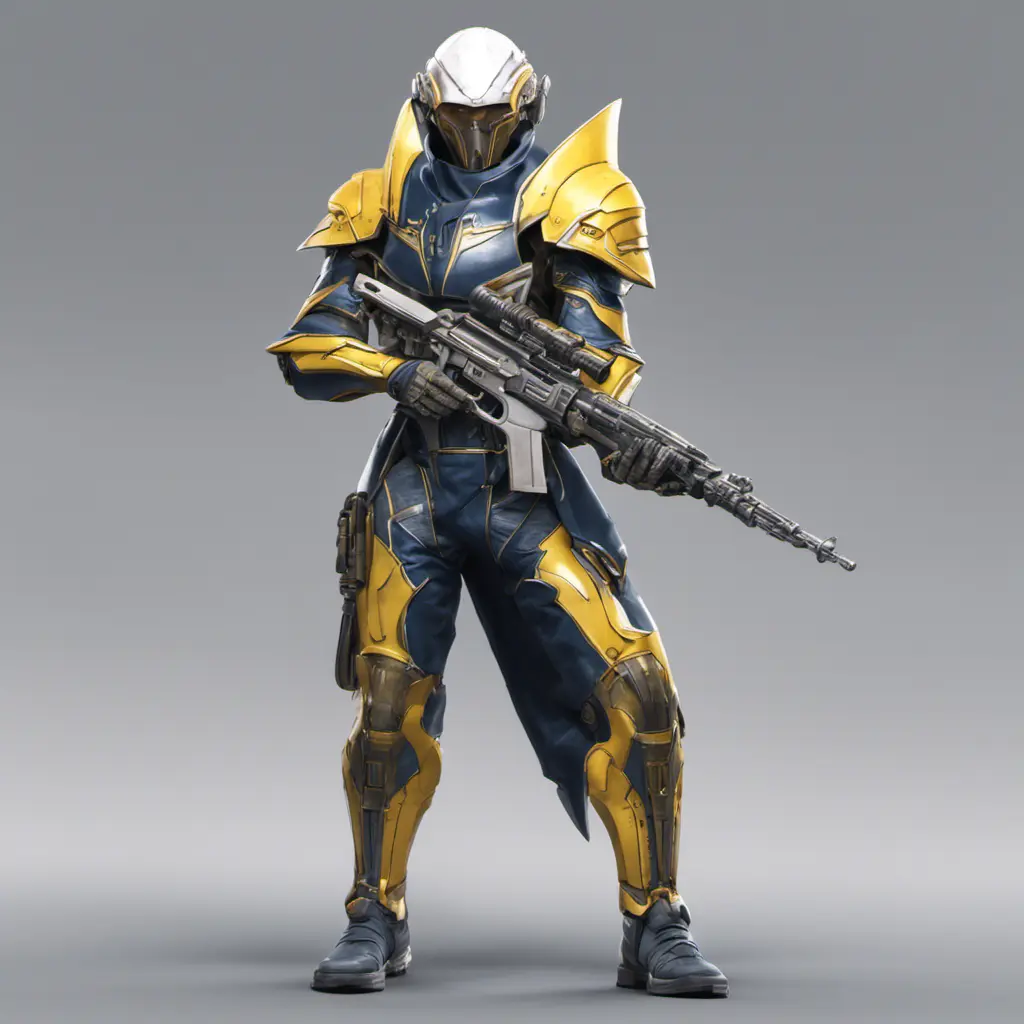 Full body of a high elf sci fi soldier wearing heavy sci fi elven armor, navy blue and yellow and white armor and helmet, visor, boots, male, holding a light machine gun, 8k, Sci-Fi, Fantasy