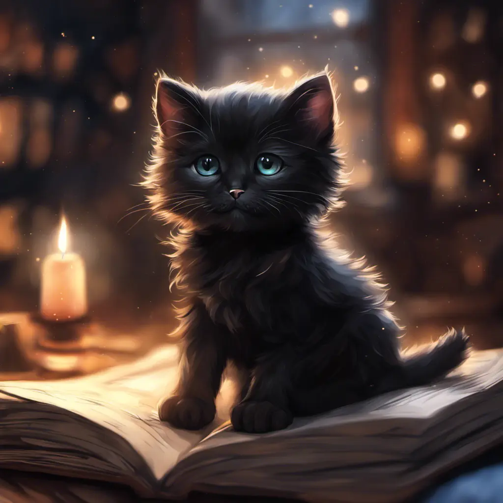 Epic shot of ultra detailed cute black baby cat in a wonderful cozy atmosphere, ultra inviting, luminous, evening atmosphere, little photorealistic, digital painting, sharp focus, ultra cozy and inviting, wish to be there. very detailed, arty, should rank high on youtube for a dream trip., Digital Painting, Sharp Focus