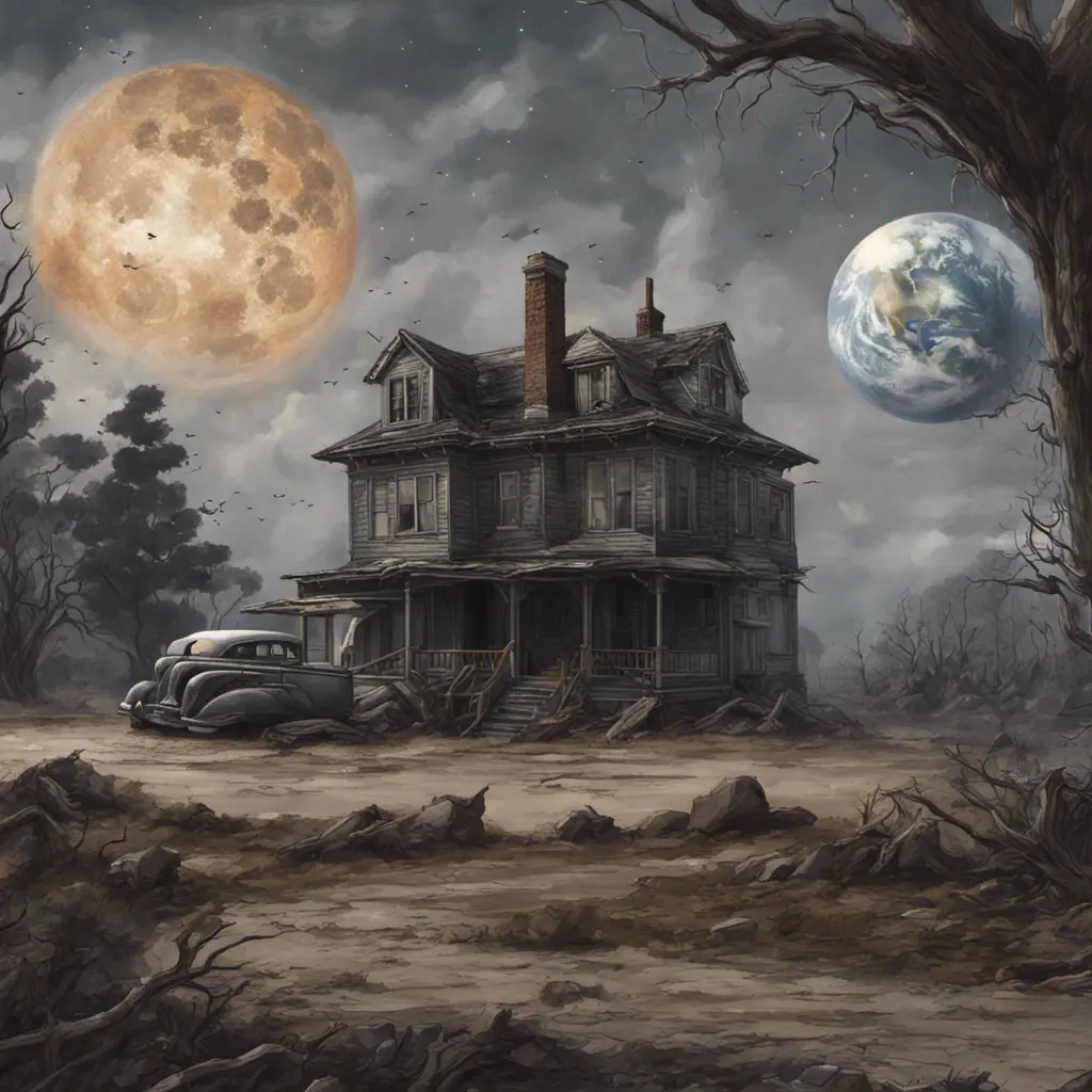 a realistic scene, an old home from the 1930's. The background is a planet that is on the edge of collapse. The skies are grey, the trees are barren. it is very depressing. a rocket ship is launching and leaving the earth, Sci-Fi, Fantasy, Dark