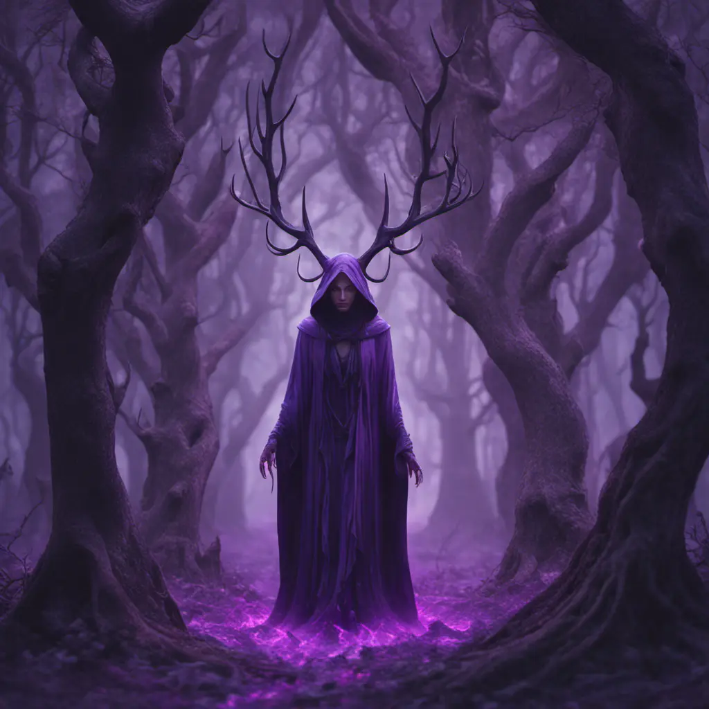 A mysterious witch cloaked with antlers in purple chaos energy, in a dark forest of salix trees, 8k, High Definition, Highly Detailed, Trending on Artstation, Darkwave, Epic, Isometric, Cinematic Lighting, Smooth, 3D Rendering, Octane Render, Vibrant Colors, Ominous by Stanley Artgerm Lau, Zdzislaw Beksinski, H. R. (Hans Ruedi) Giger