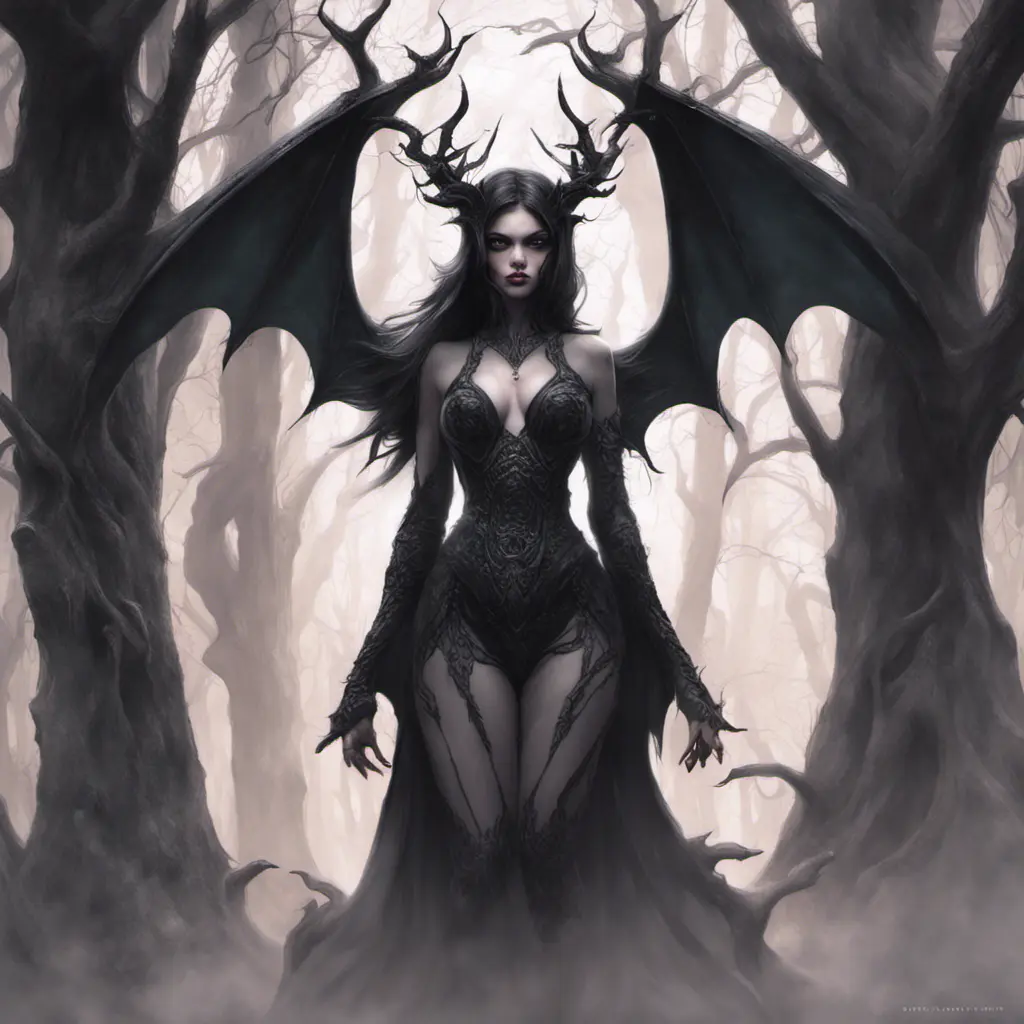 Succubus in a haunted forest, Highly Detailed, Intricate, Gothic, Volumetric Lighting, Fantasy, Dark by Stanley Artgerm Lau