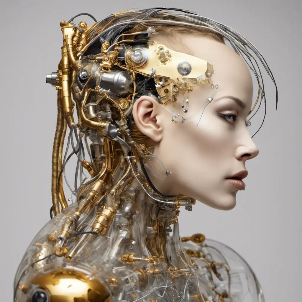 Profile Photography of a cyborg woman head without body, connected by cables and wires and LED, an attractive transparent gold plexiglass body punk PLC Robots with silver motor head, with ray guns, 80 degree view, Cybernatic and Sci-Fi by Salvador Dali, James Jean, Natalie Shau