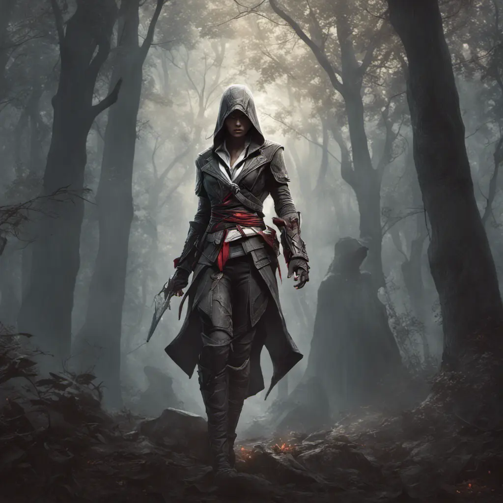 Assassin's creed female assassin in a haunted forest, Highly Detailed, Intricate, Gothic, Volumetric Lighting, Fantasy, Dark by Stanley Artgerm Lau