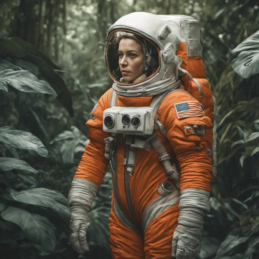 Medium-full shot, muted photo portrait titled "female Astronaut in a Jungle", tangerine space suit, muted palette, reflections, 8k, Highly Detailed