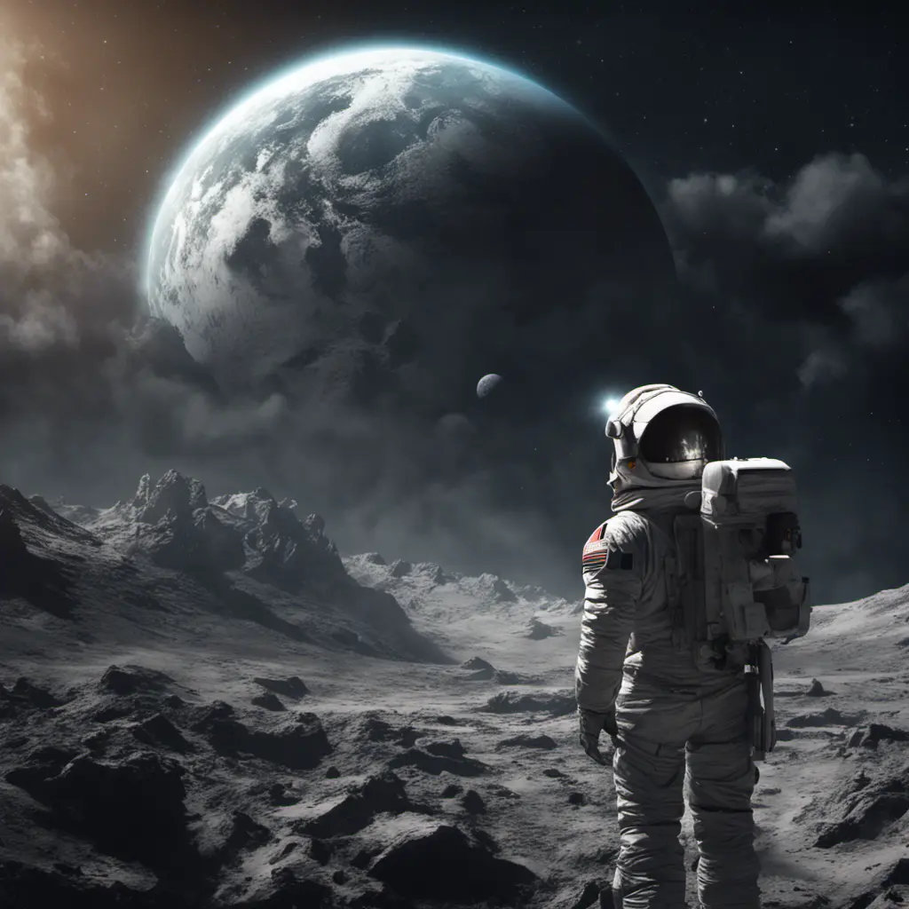 A space explorer on moon, viewing how the earth is destroyed, Magical, Stunning, Digital Painting, Cinematic Lighting, Sharp Focus, Dark, Hyper Realistic