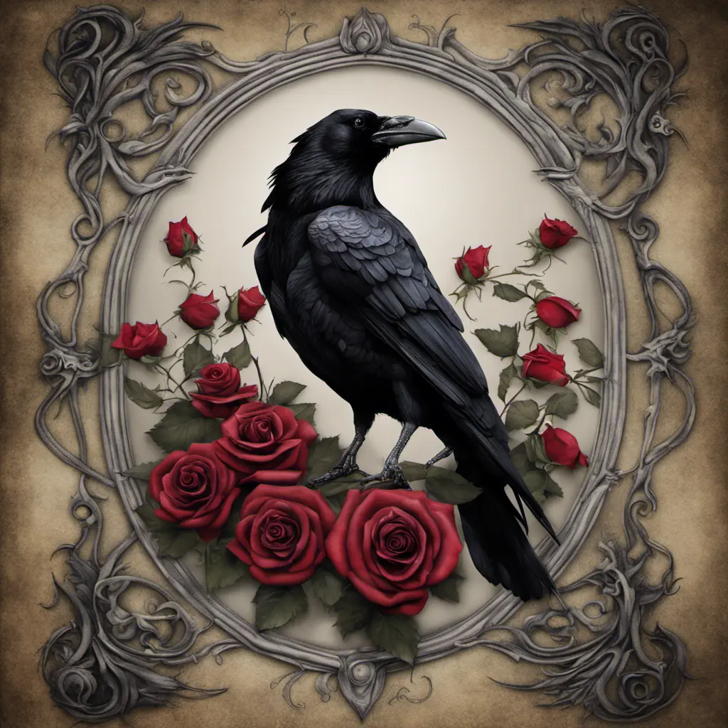 Gothic raven with roses, Award-Winning, Photo Realistic