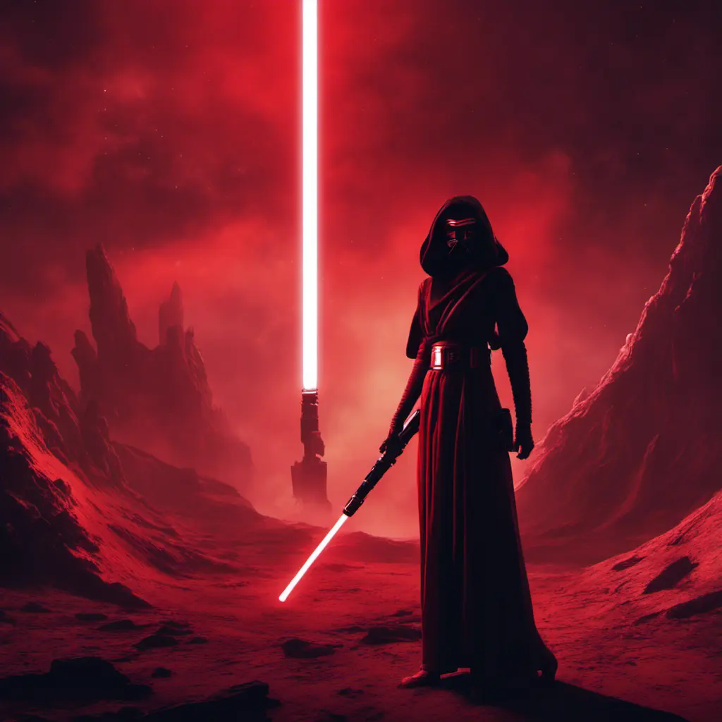 Portrait of a silhouette star wars female jedi with her red lightsaber, on an alien planet, in the style of evocative environmental portraits, dark, red, Sci-Fi, Volumetric Lighting