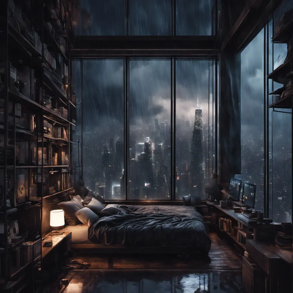 Beautiful cozy, tiny, cramped bedroom with floor to ceiling glass windows overlooking a cyberpunk city at night, view from top of skyscraper, bookshelves, thunderstorm outside with torrential rain, 8k, Highly Detailed, Photo Realistic, Dark, Gloomy