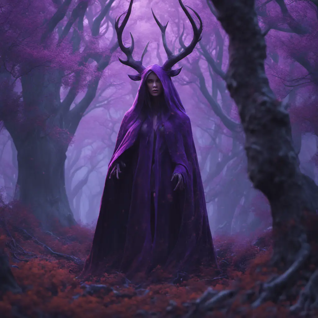 A mysterious witch cloaked with antlers in purple chaos energy, in a dark forest of salix trees, 8k, High Definition, Highly Detailed, Trending on Artstation, Darkwave, Epic, Isometric, Cinematic Lighting, Smooth, 3D Rendering, Octane Render, Vibrant Colors, Ominous by Stanley Artgerm Lau, Zdzislaw Beksinski, H. R. (Hans Ruedi) Giger