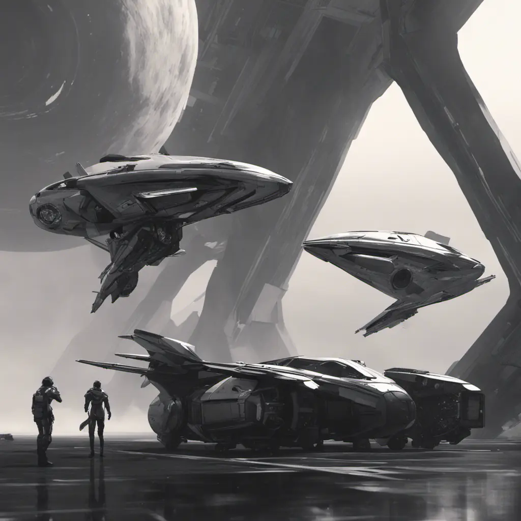 One with a spacecraft parked next to another, in the style of monochromatic compositions, dynamic action sequences, wlop, vray, silver and black, streamline elegance, hisui sugiura, Sci-Fi