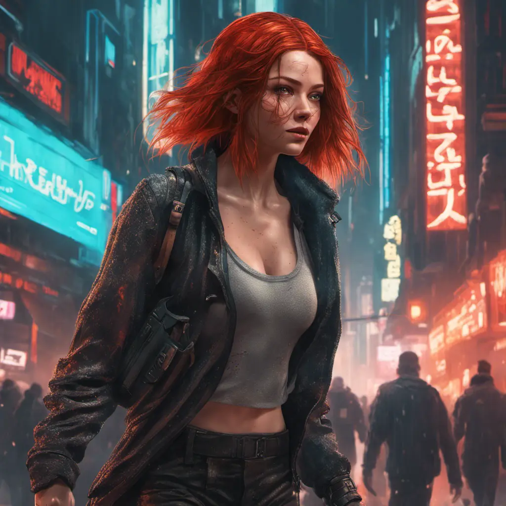 full body shot, beautiful woman walking with beatiful and detailed eyes, dynamic pose, slightly athletic beatiful body, medium-sized chest, detailed attire, Hyper Detailed, Intricate Artwork, Masterpiece, Cybernatic and Sci-Fi, Cyberpunk, Freckles, Full Lips, Red Hair, Smiling, Digital Illustration, Cityscape, Blade Runner 2049, Neon light effect, Realistic, Sharp Focus, Wide Angle, Neon, Dripping Colors, Matte, Futurism, Artwork, Dieselpunk, Colorful, Dynamic, Elegant, Expressive, Graceful, Hot, Gloomy, Sad, Stormy, Terrifying, Tired