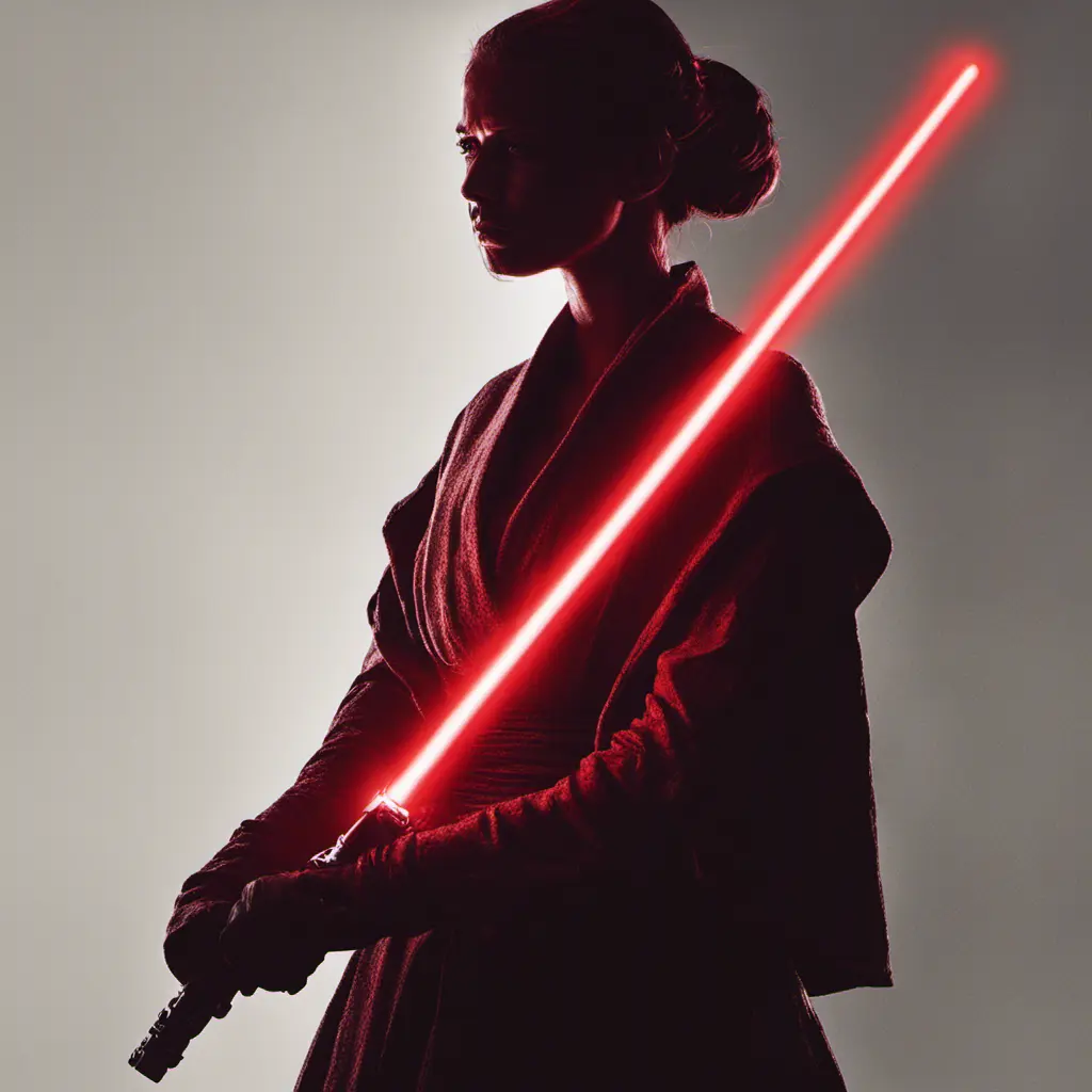 Portrait of a silhouette star wars figure in her red lightsaber, in the style of evocative environmental portraits, dark, red, Sci-Fi, Volumetric Lighting