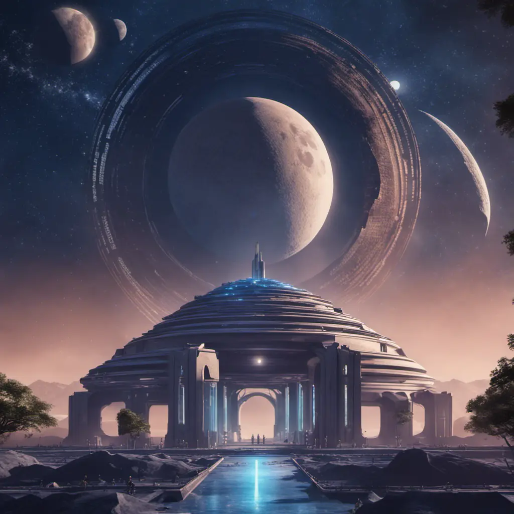 Distant view of a large round indigo temple in the center of a futuristic community. Extraterrestrial landscape. The moon and stars can be seen in the sky even during the day., 8k, Sci-Fi