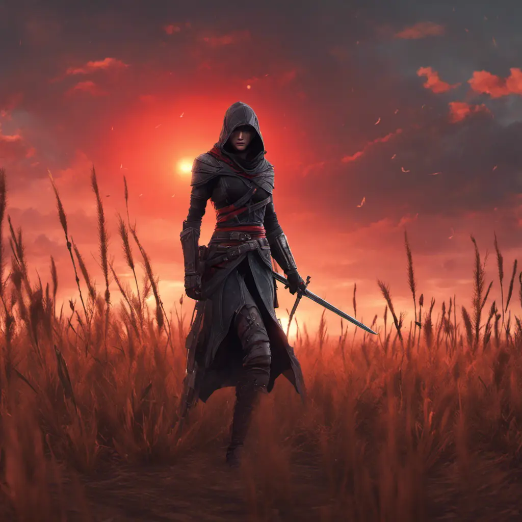 Female assassin creed emerging from a batte field. Sky is colored by a red sun set., 8k, Dystopian, Trending on Artstation, Volumetric Lighting