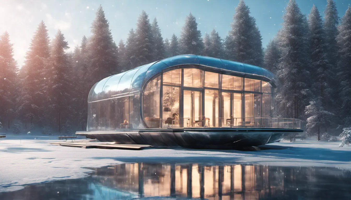 Beautiful futuristic architectural bright lit glass house boat in the forest on a giant frozen lake, 8k, Award-Winning, Highly Detailed, Beautiful, Epic, Octane Render, Unreal Engine, Radiant, Volumetric Lighting by Greg Rutkowski