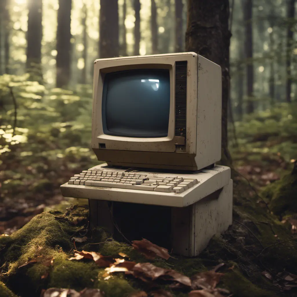 Retro Macintosh desktop computer abandoned in the woods, shot on leica, Unreal Engine, Dynamic Lighting, Volumetric Lighting