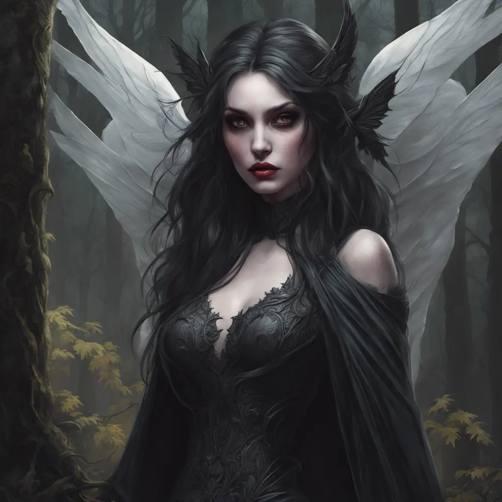 Winged vampiress in a haunted forest, Highly Detailed, Intricate, Gothic, Volumetric Lighting, Fantasy, Dark by Stanley Artgerm Lau