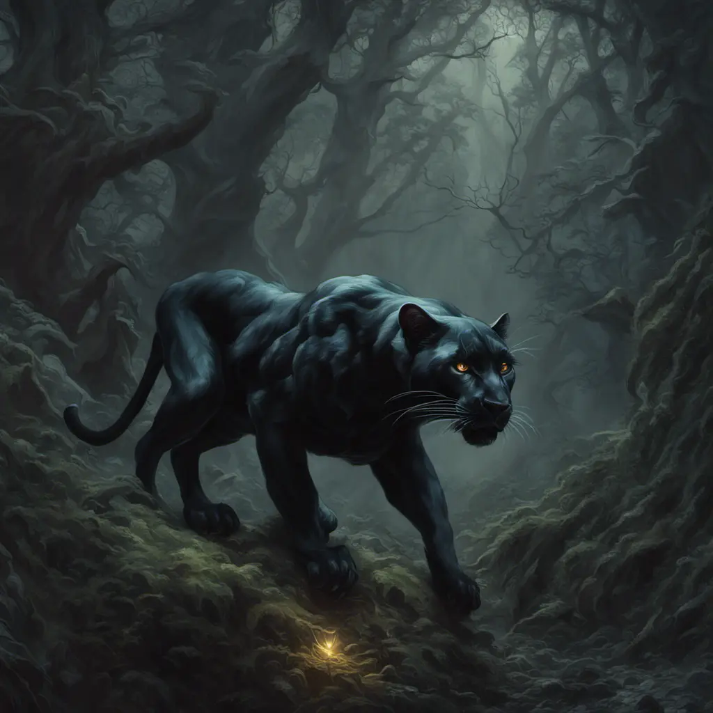 Panther in a haunted forest, Highly Detailed, Intricate, Gothic, Volumetric Lighting, Fantasy, Dark by Stanley Artgerm Lau