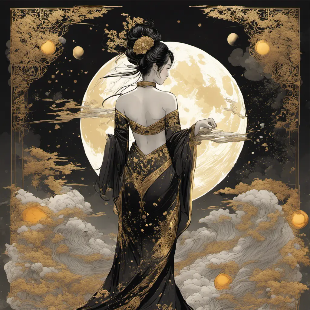 Full body back of an Asian goddess in a black dress with gold decorations. A dress with no flesh on the back, holding a fan in one hand. hyperdetailed eyes, Poster design, line art, a fantastically large moon background, ultra detailed artistic, detailed gorgeous face, natural skin, colour splash art, fire and ice, splatter, black ink, liquid melting, dreamy, glowing, glamour, glimmer, shadows, brush strokes, ominous, golden ratio, production cinematic character render, ultra high quality model, 8k, Highly Detailed, Intricate, Masterpiece, Oil on Canvas, Sharp Focus, Smooth, Unreal Engine, Glamour Shot, Vibrant Colors, Ominous