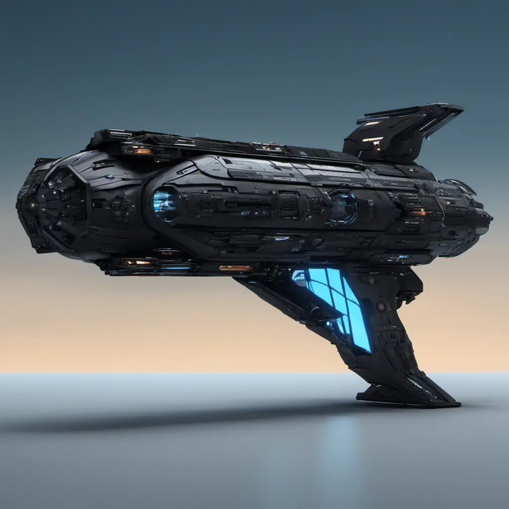 Entire black Spaceship, blue background, from side, Highly Detailed, Unreal Engine