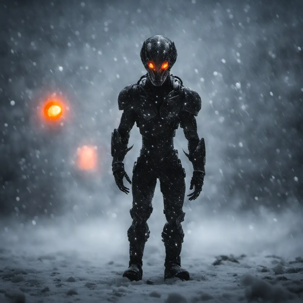 A alien soldier monster, distant full body portrait in a landscape, wearing black white orange lights, during a snow storm,,,ice, cold, dark lighting, depth of field, in a cold snowstorm, outdoors, night,, Intricate Details