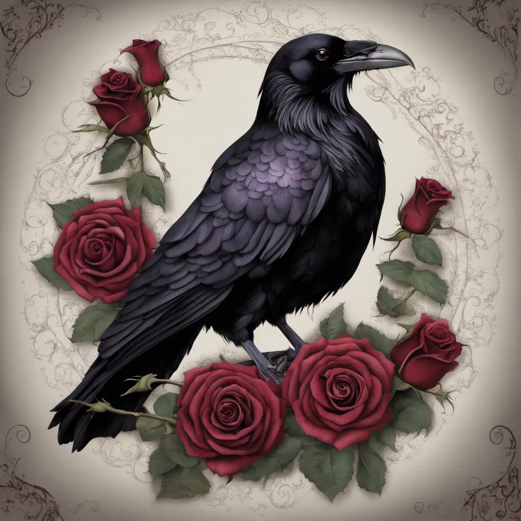 Gothic raven with roses, Award-Winning, Photo Realistic