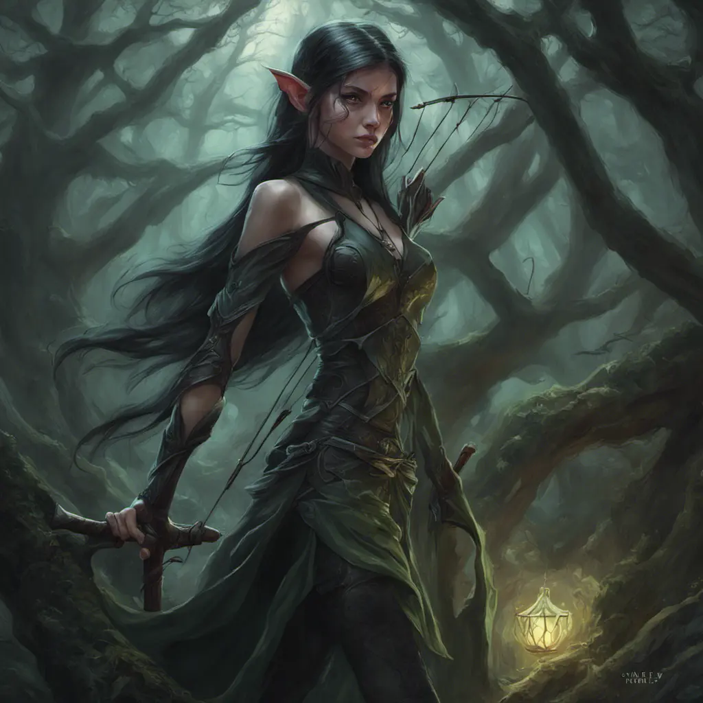 Elf archer in a haunted forest, Highly Detailed, Intricate, Gothic, Volumetric Lighting, Fantasy, Dark by Stanley Artgerm Lau