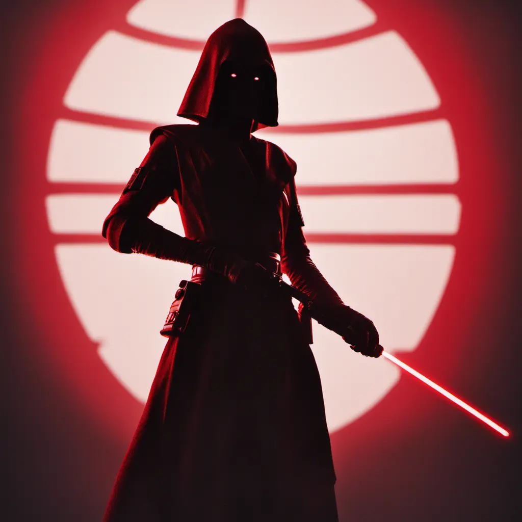 Portrait of a silhouette star wars figure in her red lightsaber, in the style of evocative environmental portraits, dark, red, Sci-Fi, Volumetric Lighting