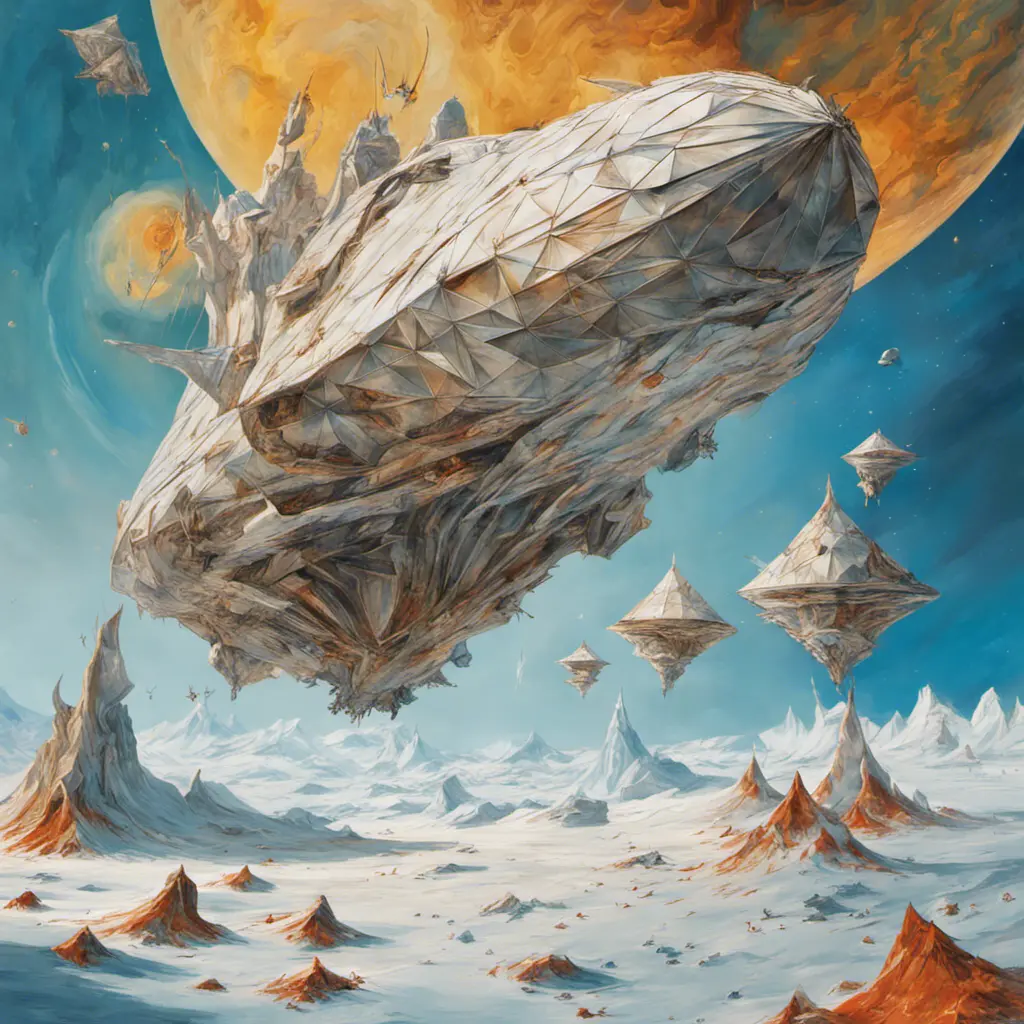 large landscape Photography, a large origami spaceship sailing in space around a frozen planet is attacked by enemy rockets, 80 degree view, 8k, Sci-Fi by Salvador Dali, James Jean