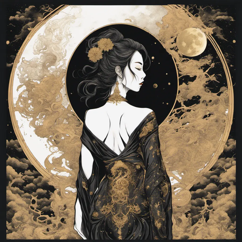 Full body back of an Asian goddess in a black dress with gold decorations. A dress with no flesh on the back, holding a fan in one hand. hyperdetailed eyes, Poster design, line art, a fantastically large moon background, ultra detailed artistic, detailed gorgeous face, natural skin, colour splash art, fire and ice, splatter, black ink, liquid melting, dreamy, glowing, glamour, glimmer, shadows, brush strokes, ominous, golden ratio, production cinematic character render, ultra high quality model, 8k, Highly Detailed, Intricate, Masterpiece, Oil on Canvas, Sharp Focus, Smooth, Unreal Engine, Glamour Shot, Vibrant Colors, Ominous