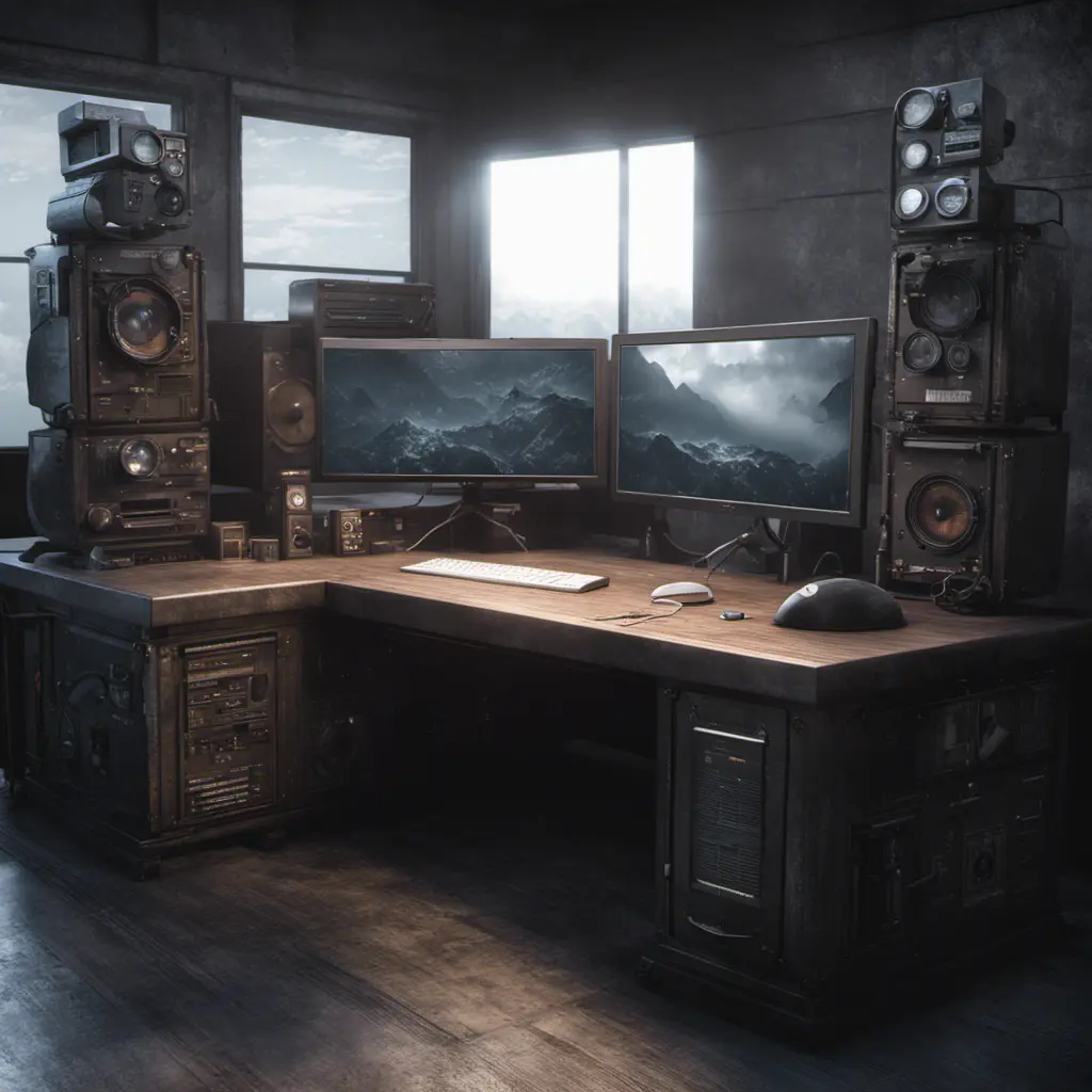 A dark industrial wood desk, with very monitors,very electronic, maximalism, industrial, high tech, ambient occlusion, atmospheric haze, Photo Realistic, Volumetric light effect, Octane Render, Unreal Engine, Wide-angle lens, Ambient Occlusion