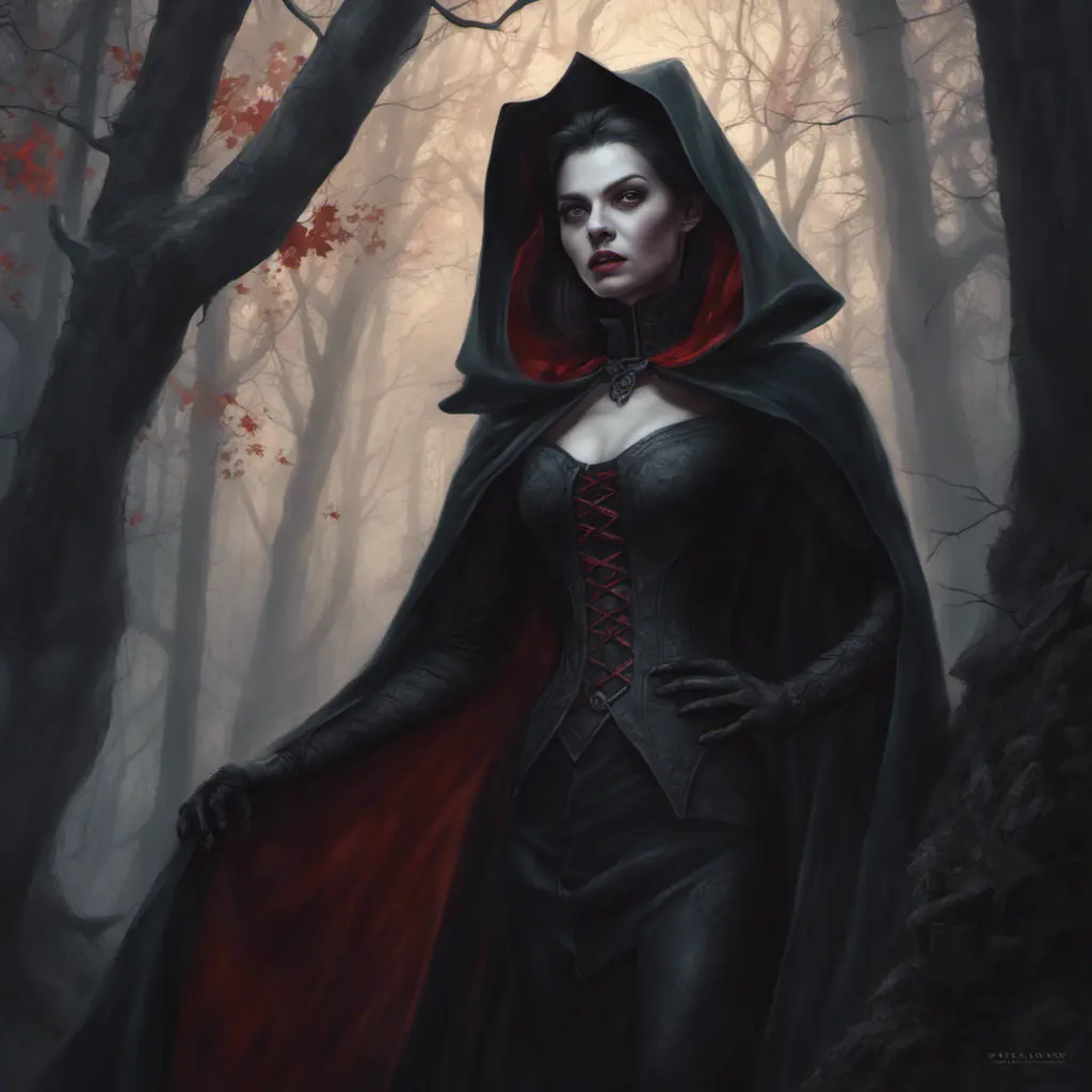 Female dracula in a haunted forest, Highly Detailed, Intricate, Gothic, Volumetric Lighting, Fantasy, Dark by Stanley Artgerm Lau