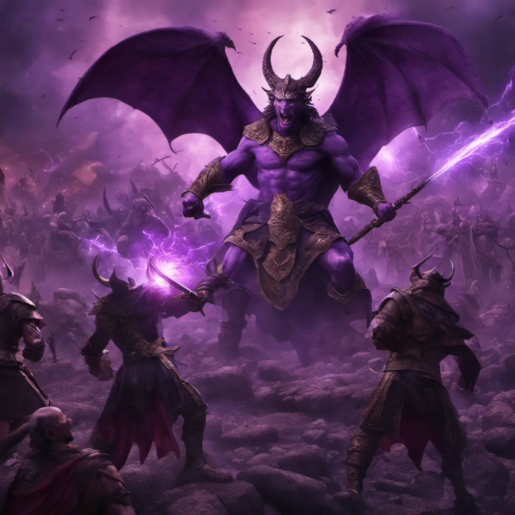 War in mystical realms; fantasy photorealistic rendering; ancient civilization;  valiant heroes vs ominous purple devil., 8k, Fantasy