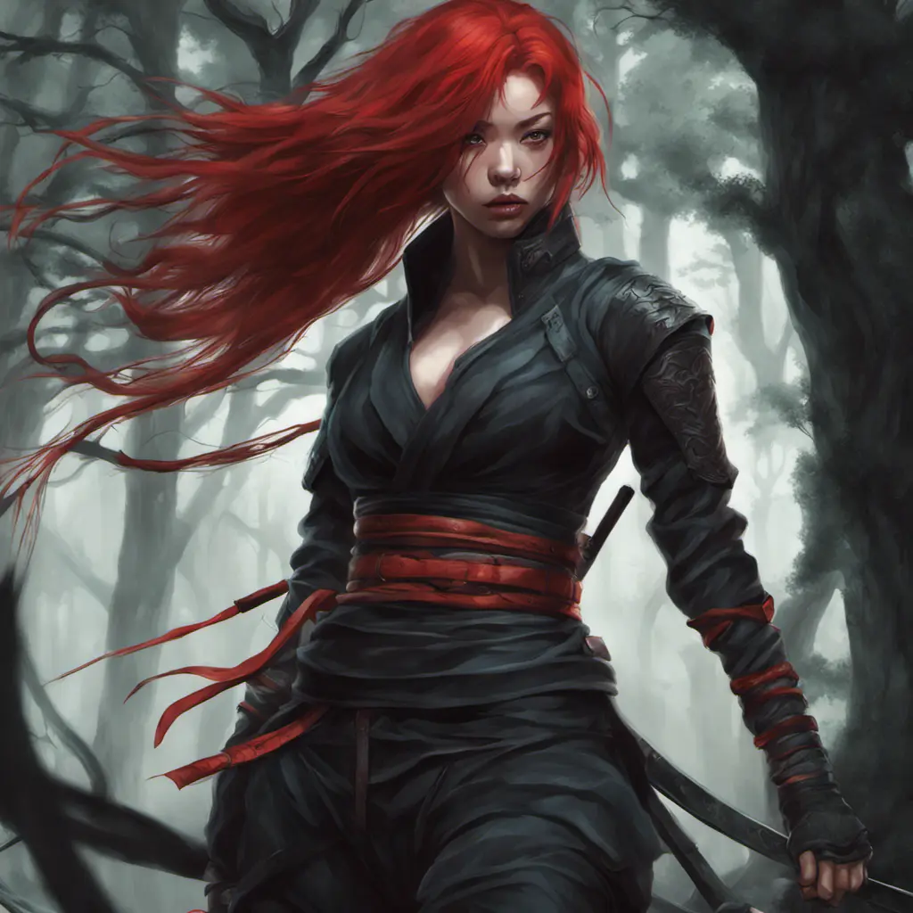 Red haired armed kunoichi ninja in a haunted forest, Highly Detailed, Intricate, Gothic, Volumetric Lighting, Fantasy, Dark by Stanley Artgerm Lau