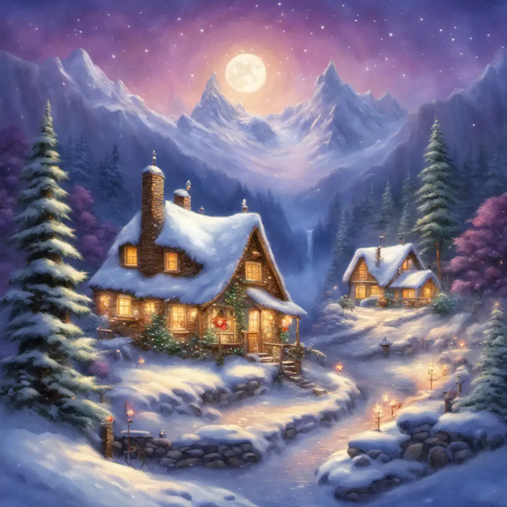 Charming fairy tale village, snow-covered decorated Christmas trees, warm inviting cabin, snowflakes, mountains with waterfall, soft light far-away full moon, glitter, stars, stardust, electric blue and purple sky, Digital Painting, Sharp Focus, Vibrant Colors, Hyper Realistic by Thomas Kinkade