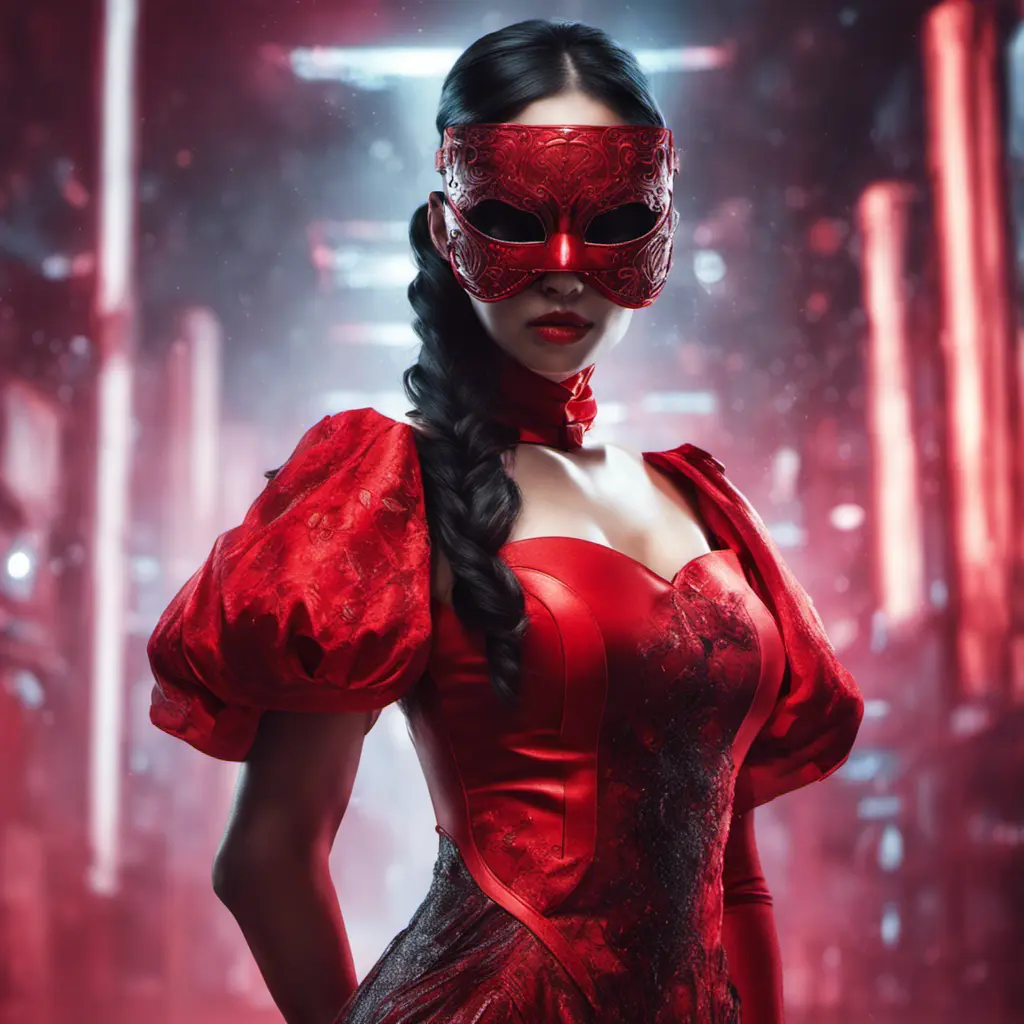 Asian cyberpunk feme fatale in expensive red dress with mask at a masquerade ball smart but dangerous in a high-tech club., Cyberpunk, Photo Realistic