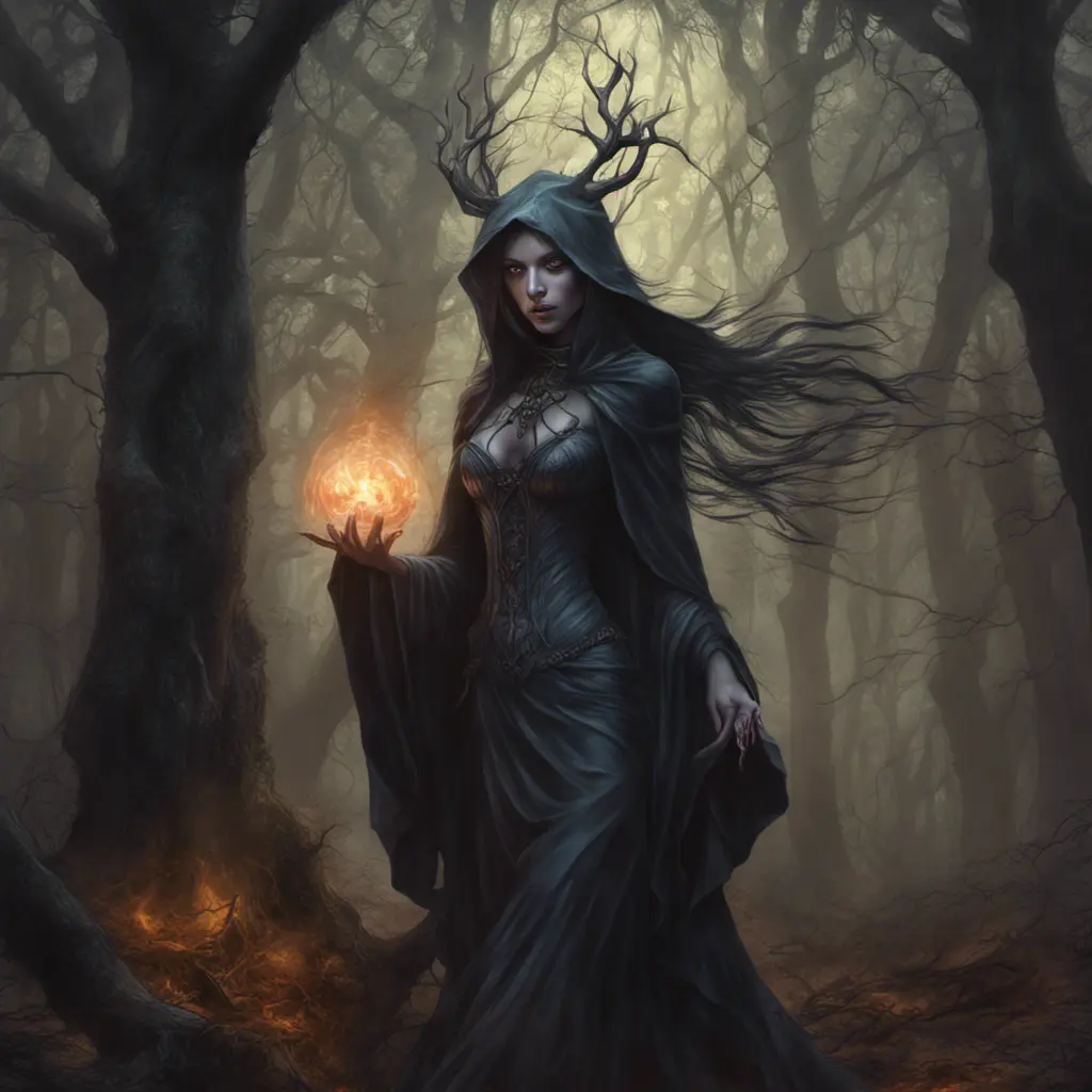 Sorceress in a haunted forest, Highly Detailed, Intricate, Gothic, Volumetric Lighting, Fantasy, Dark by Stanley Artgerm Lau