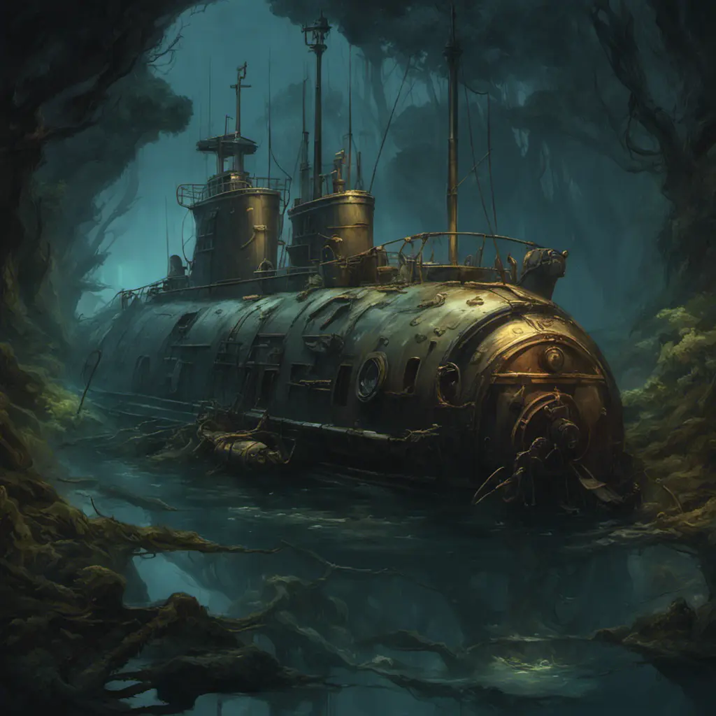 Beached steampunk submarine shipwreck in swamp,  dark atmosphere, night, mijn, highly detailed, digital painting, artstation, concept art, smooth, sharp focus, illustration, art by artgerm and greg rutkowski and alphonse mucha, erte, 8 k, Highly Detailed, Artstation, Digital Painting, Illustration, Sharp Focus, Smooth, Concept Art by Stanley Artgerm Lau, Greg Rutkowski