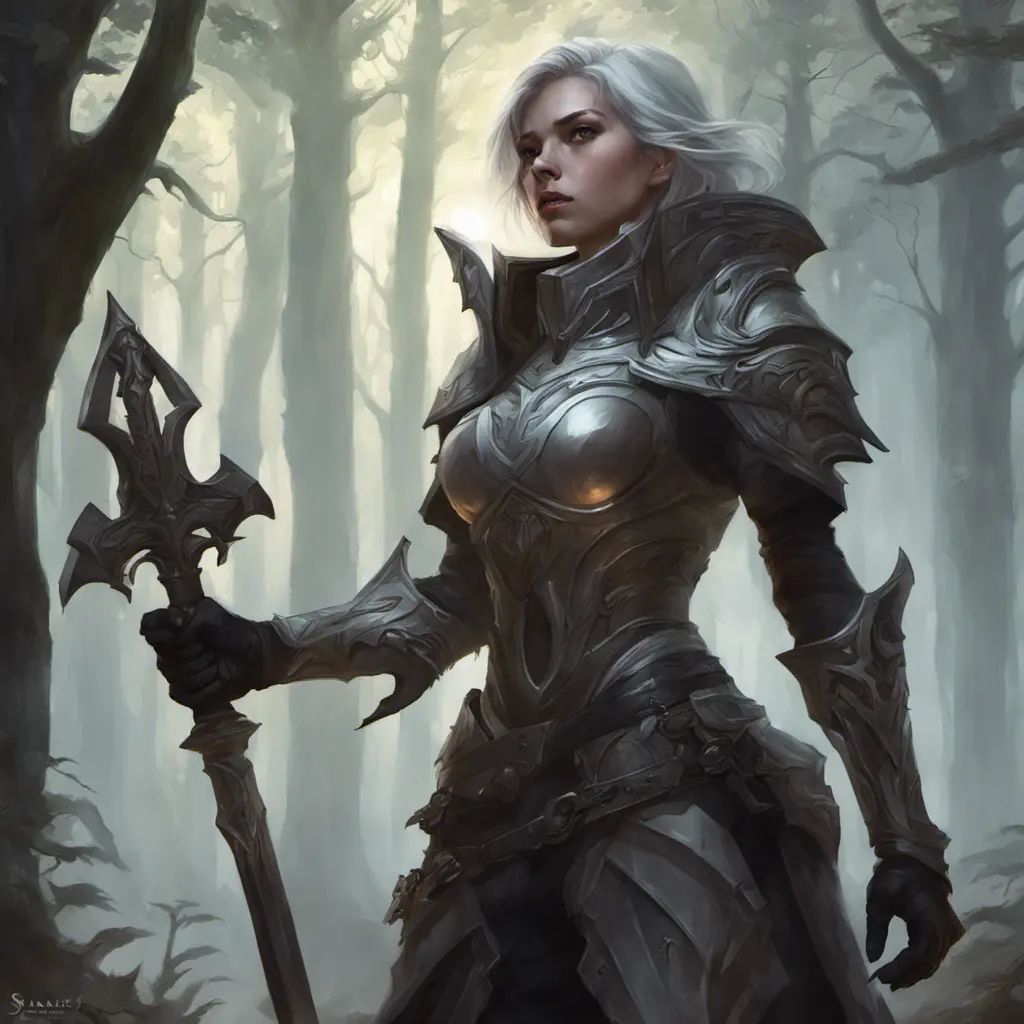 Ashen haired female paladin in a haunted forest, Highly Detailed, Intricate, Gothic, Volumetric Lighting, Fantasy, Dark by Stanley Artgerm Lau